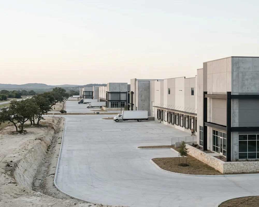 Tilt-wall industrial building under construction with braced panels along a Central Texas highway frontage