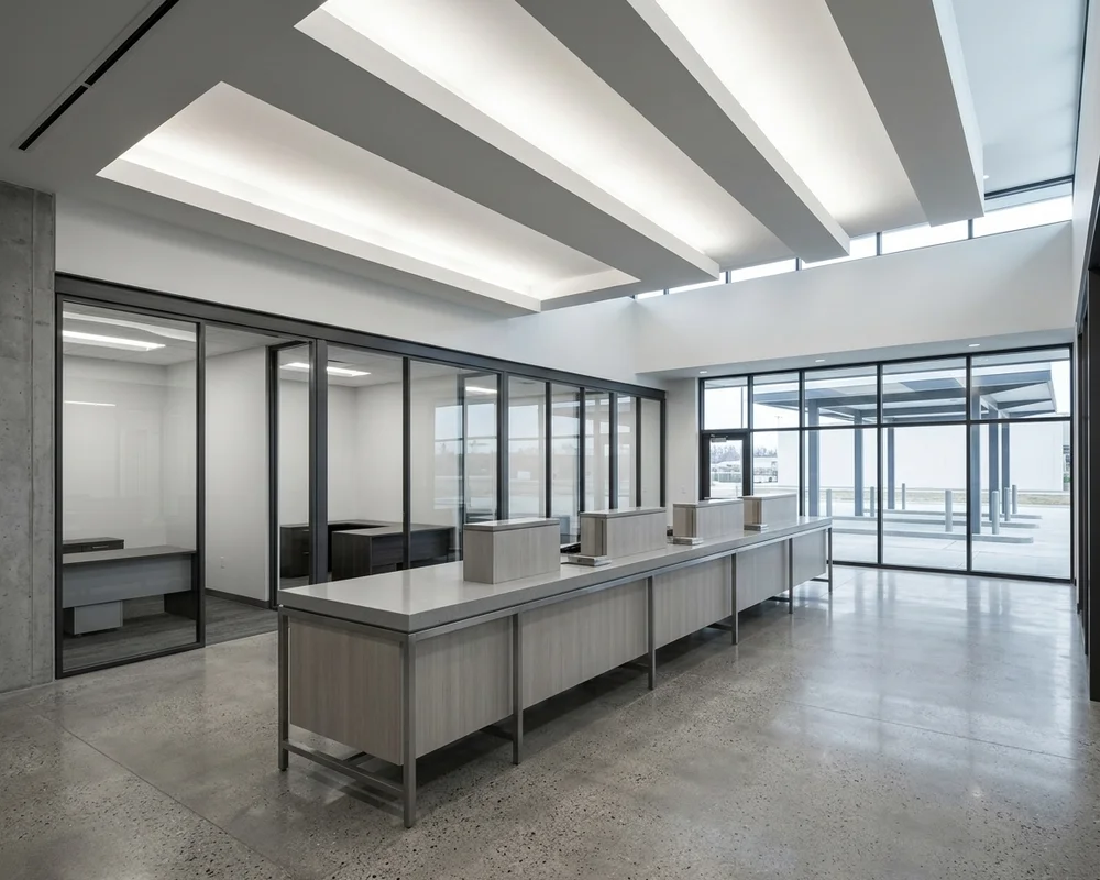 Bank branch interior with teller line, consultation offices, and brand signage