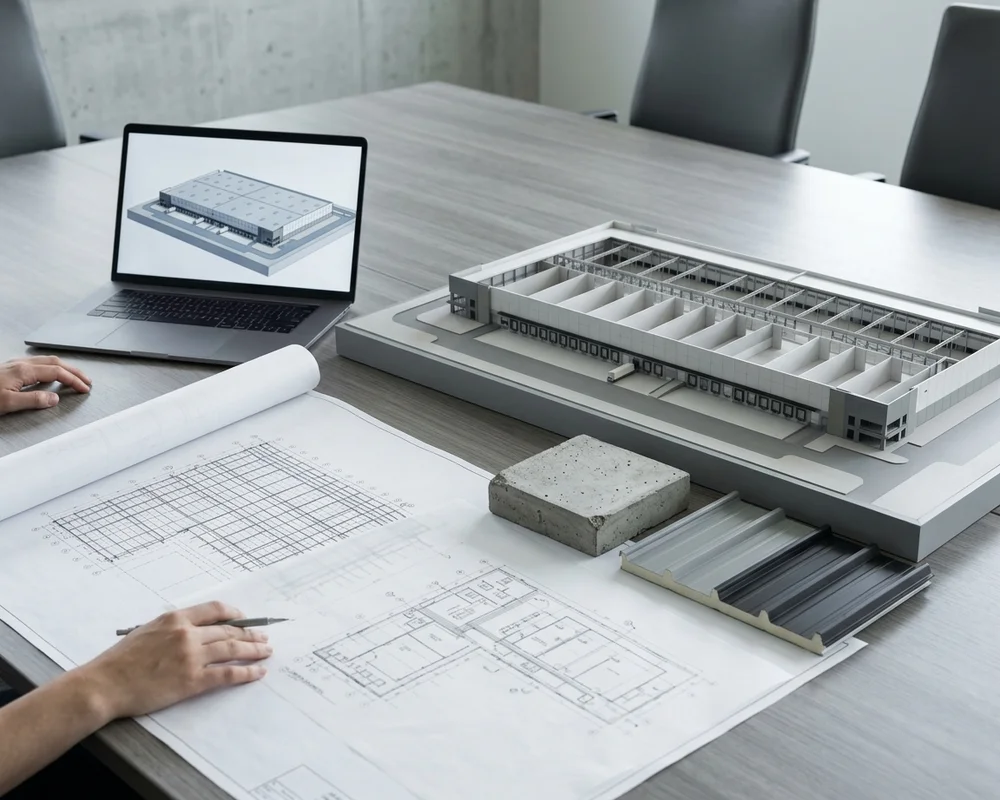 Architect, engineer, and contractor reviewing a site plan and building section together at a table