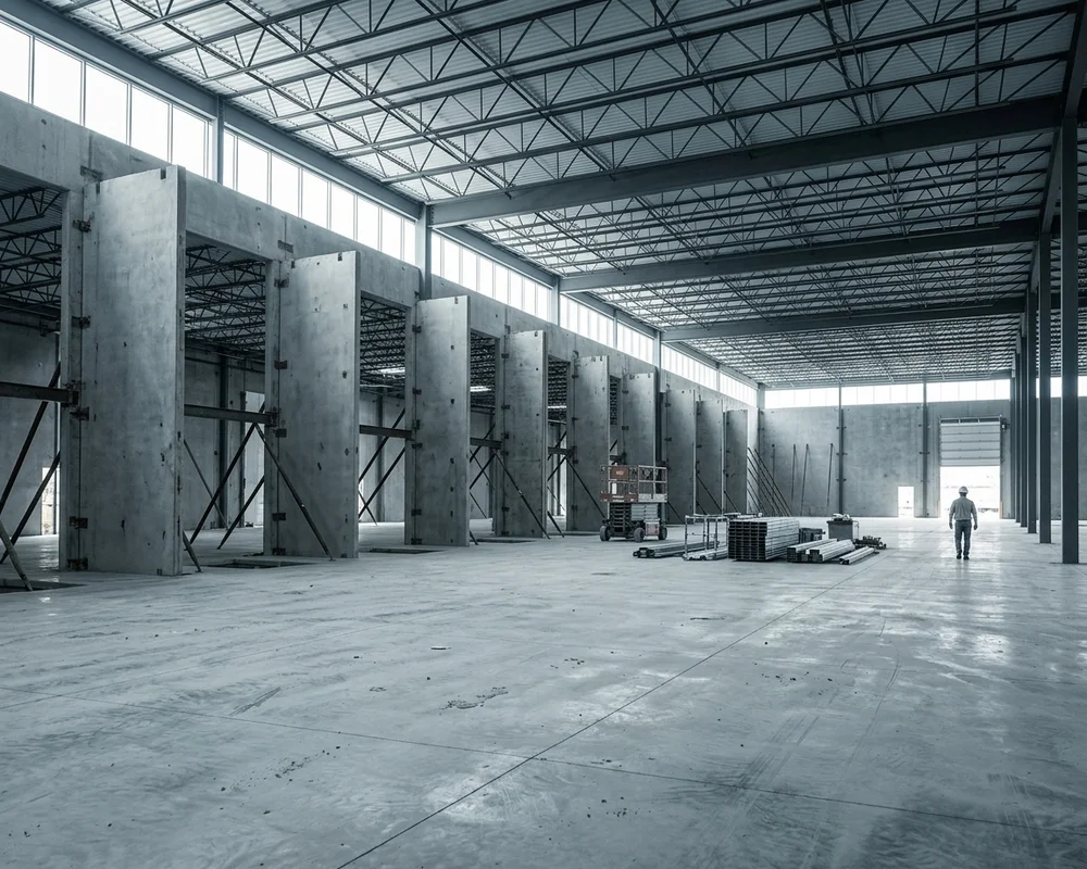AP superintendent walking a tilt-wall jobsite with drawings, panels braced behind him