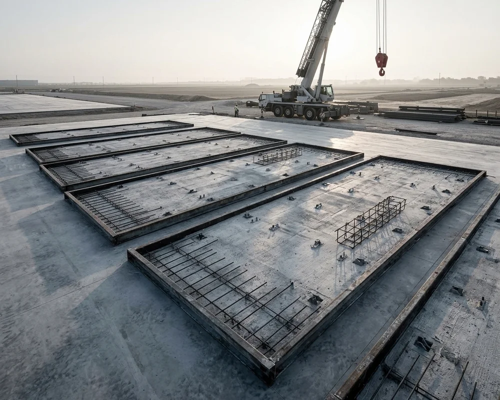 Concrete slab and standing tilt-wall panels on an industrial site with a crane in the background