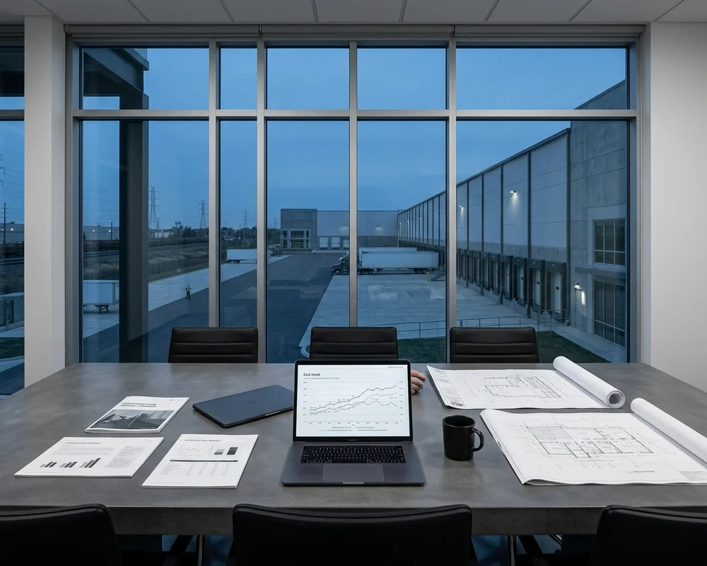 Preconstruction team reviewing a site plan and schedule at a conference table