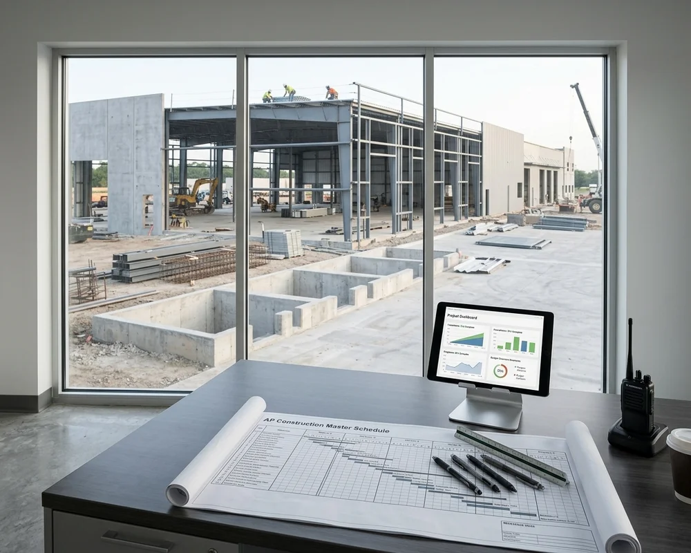 Executive and project manager reviewing a master schedule on a large screen