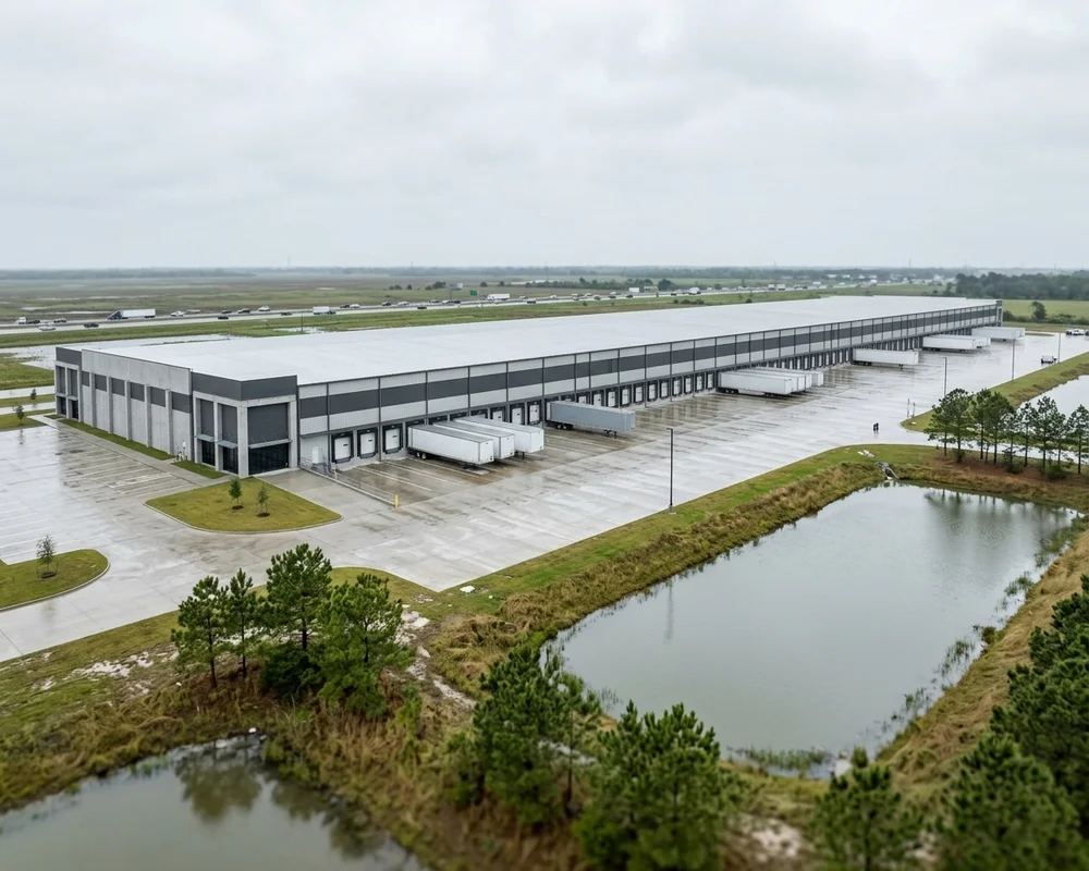 Elevated distribution building with dock doors and a truck court on a flat Gulf Coast site under a wide sky