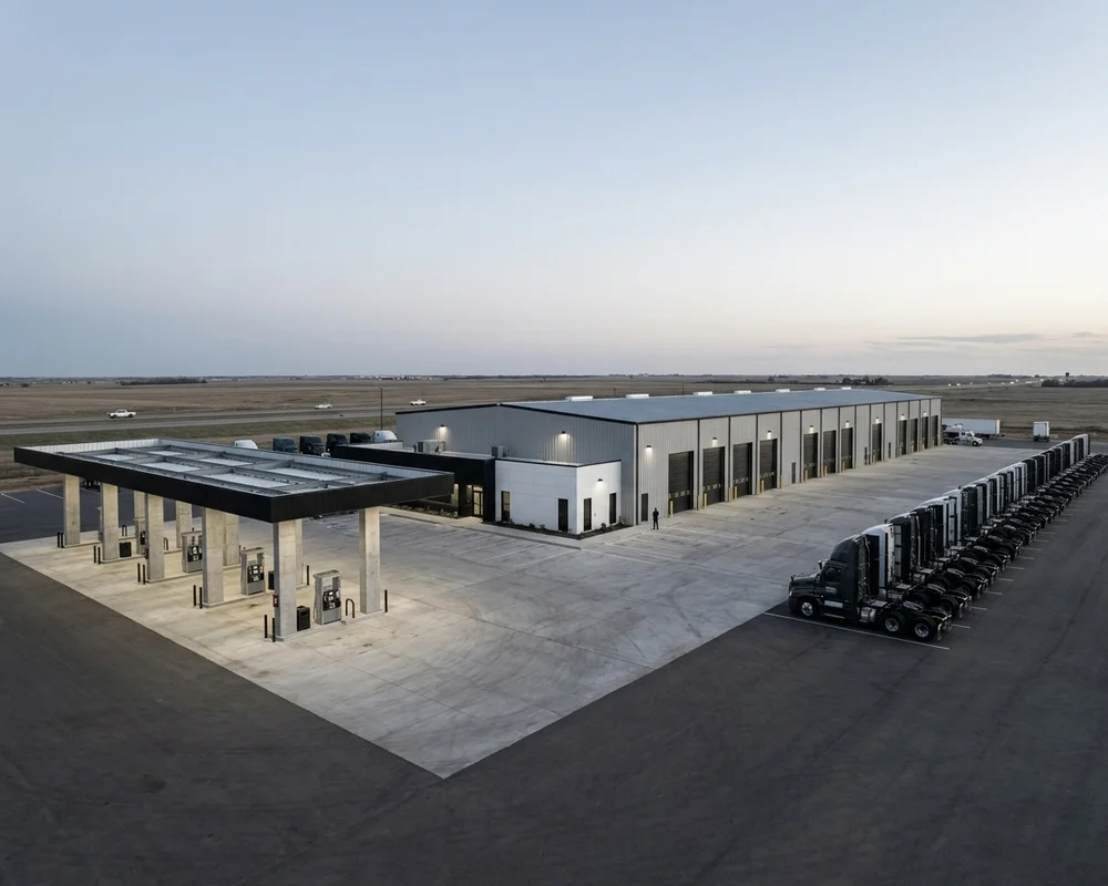 Regional truck facility with fuel canopy and service bays on an interstate corridor at dusk