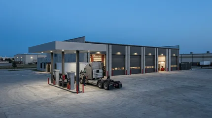 Vehicle service facility at dusk with a row of tall bay doors and a fueling canopy in the foreground