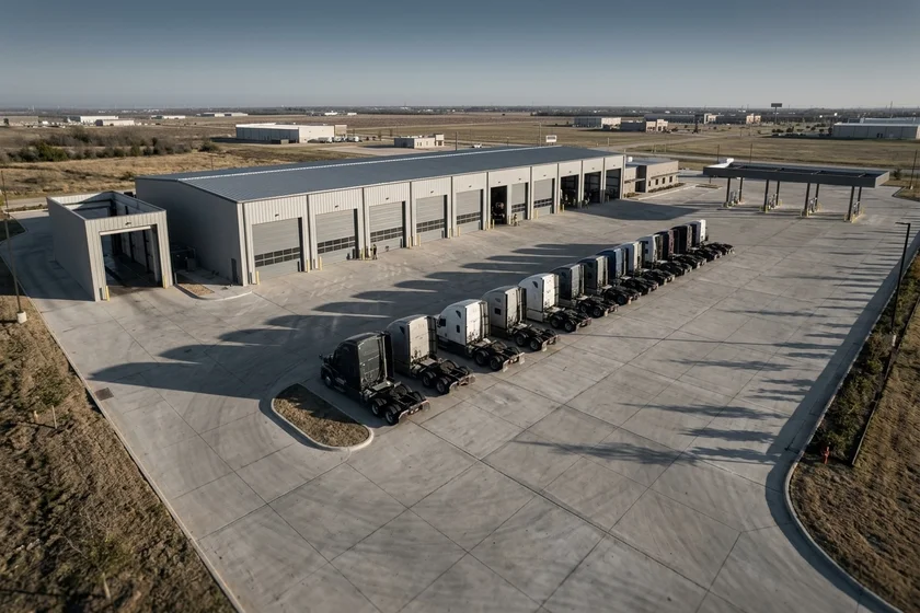 Aerial view of a truck service facility west of Houston with service bays and staged tractors on concrete