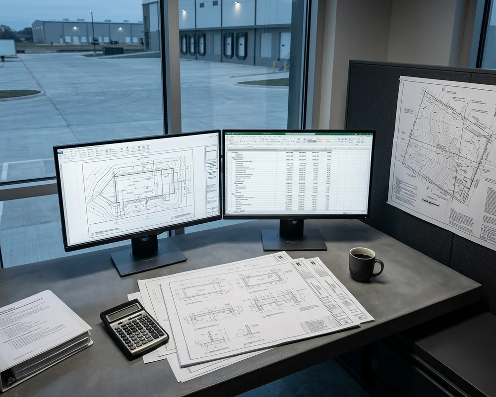 Estimator reviewing a civil site plan and cost breakdown on screen
