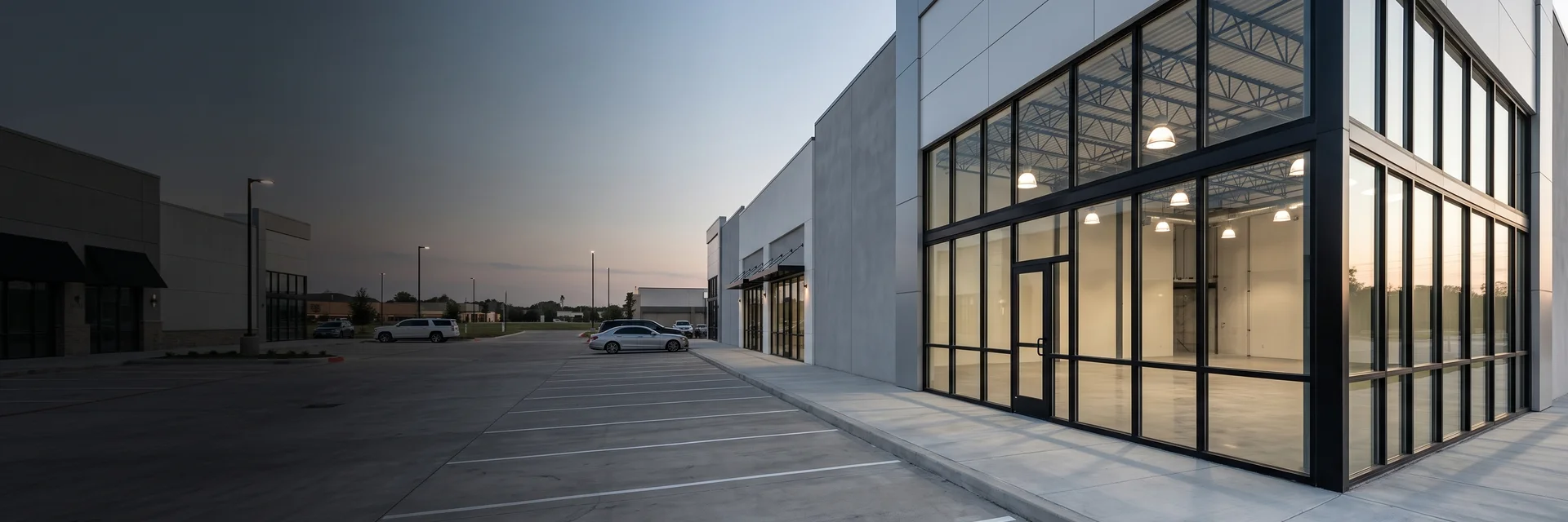 Freestanding retail building at dusk with lit storefront glazing, signage, and a parking field