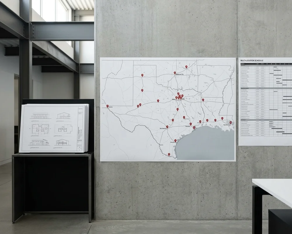 Program map pinned with planned branch locations beside a prototype floor plan on a conference table