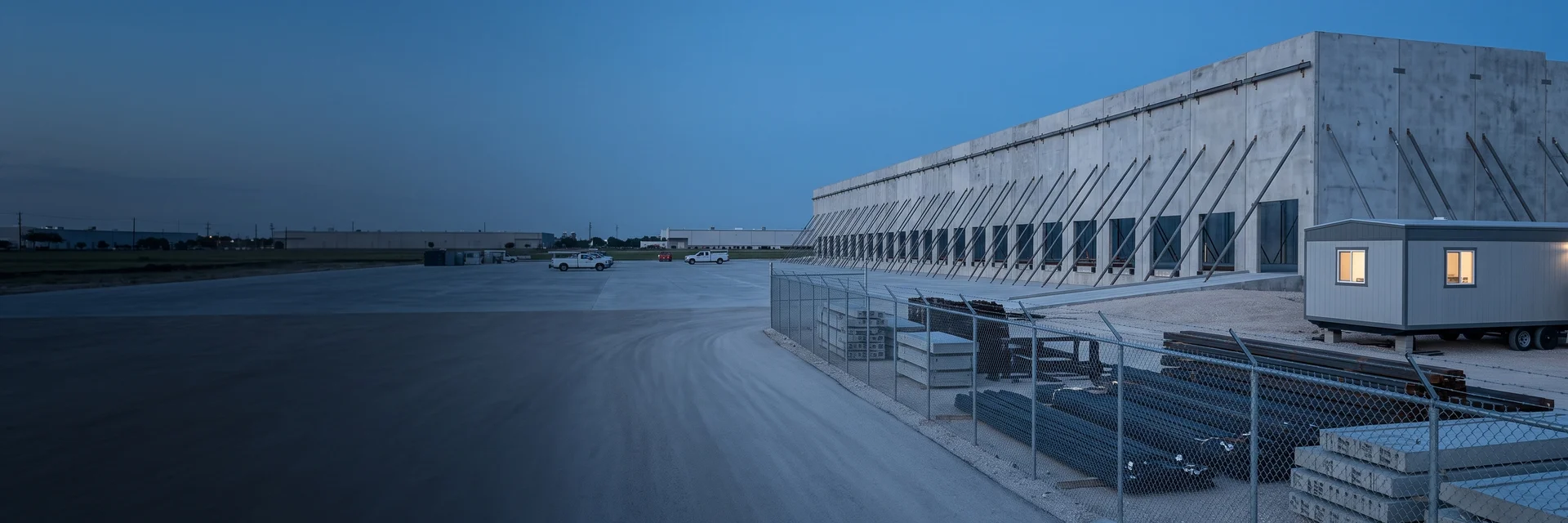 Superintendent walking a clean, organized industrial jobsite with standing tilt-wall panels