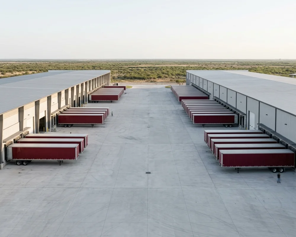 Cross-dock truck terminal with trailers on both sides and heavy-duty concrete paving in South Texas
