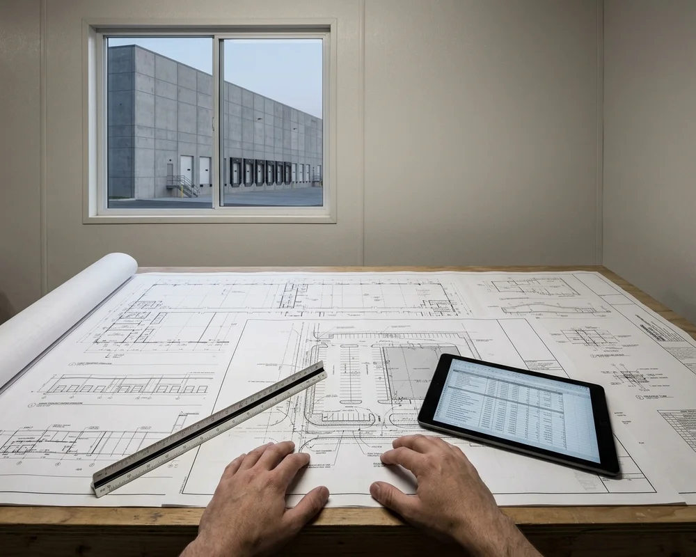 Project team reviewing a site plan and construction documents at a conference table