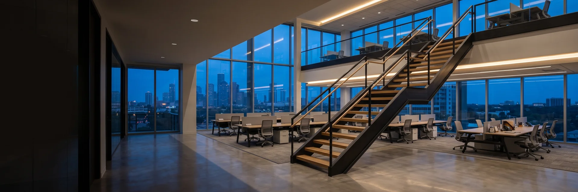 Open-plan office interior with a two-story connecting staircase, glass partitions, and daylight from full-height windows