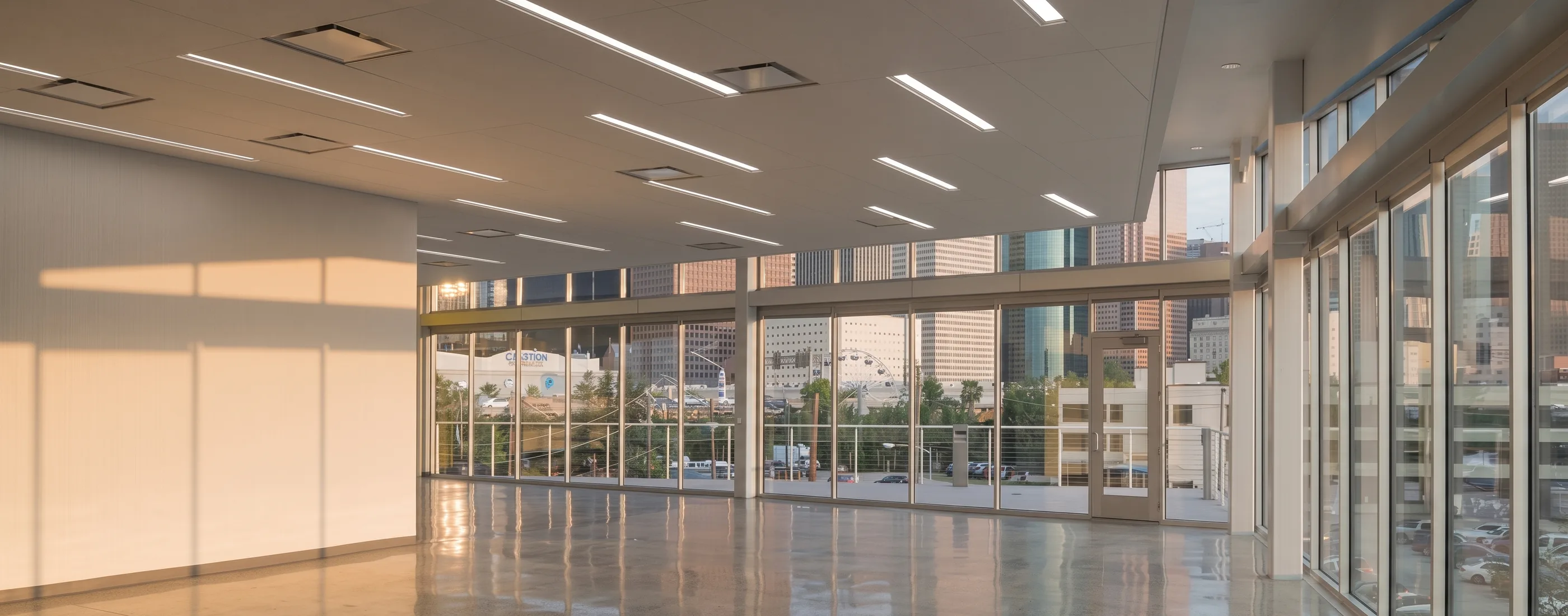 Open headquarters interior with full-height glazing over downtown Houston
