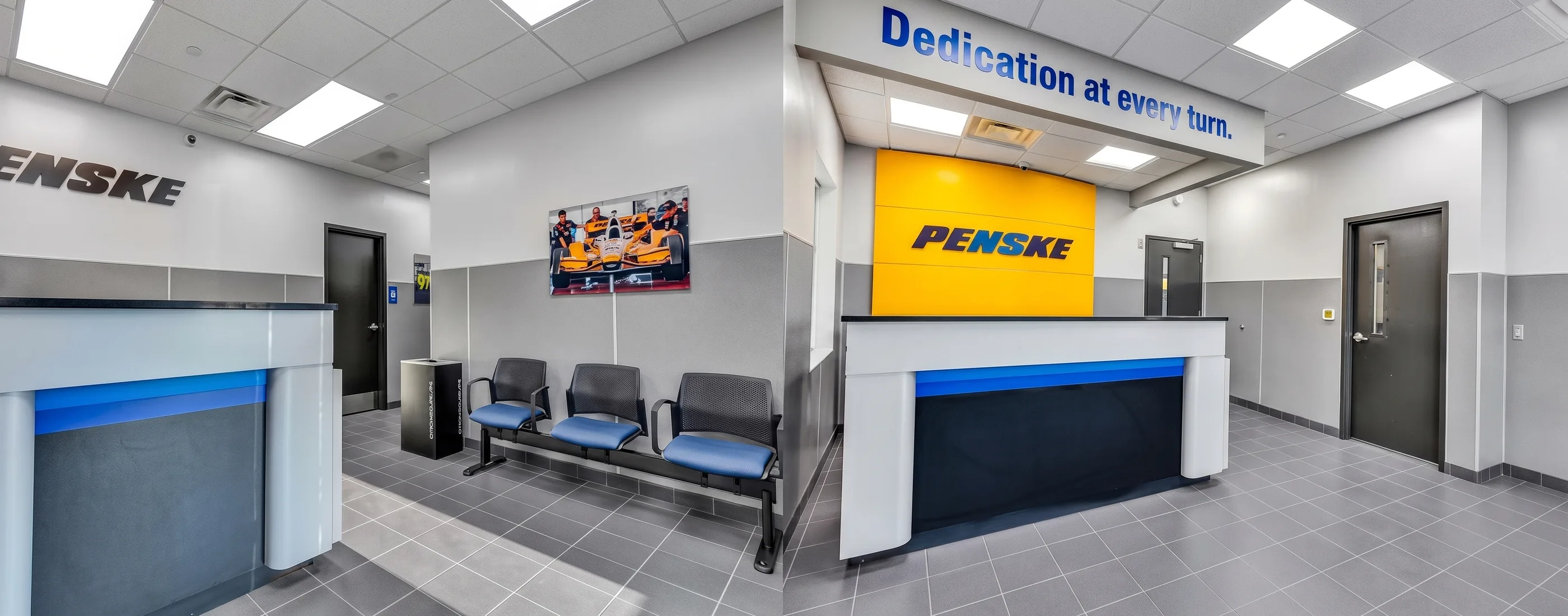 Rental and service lobby with waiting area and Penske-branded counter