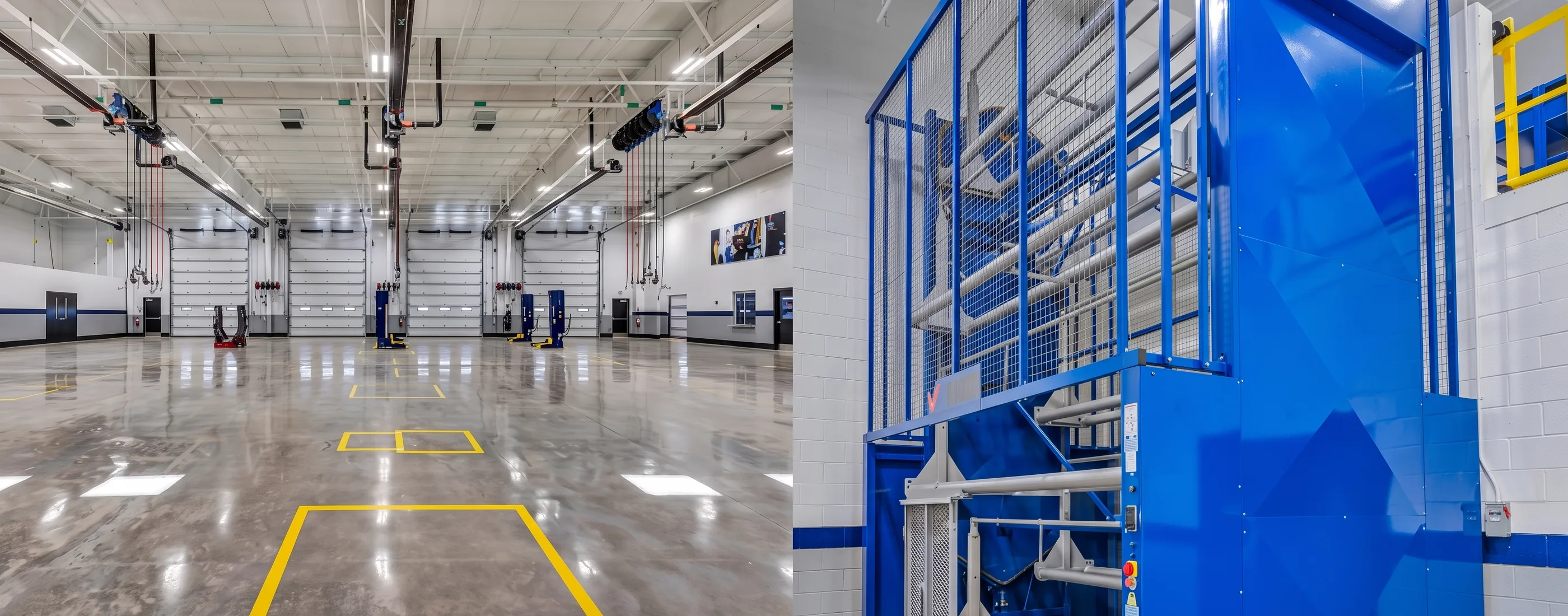 Service bays with truck lifts and overhead reels inside the Penske Dallas facility